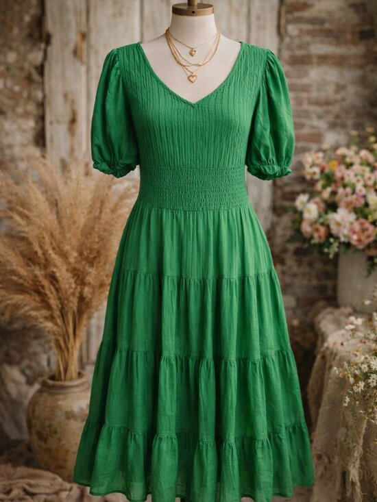 Cato Dresses & Skirts - Green Smocked Puff Sleeve Midi Dress Open Back Cottagecore XL